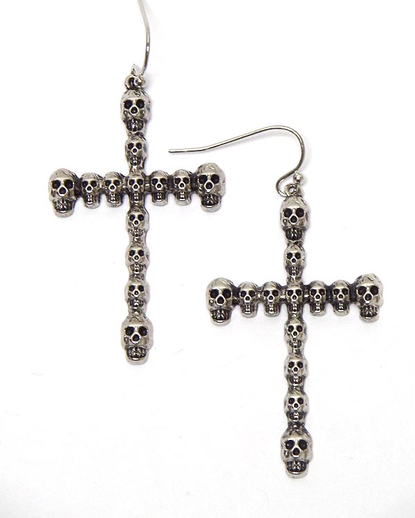 Linked metal skull cross fish hook earrings