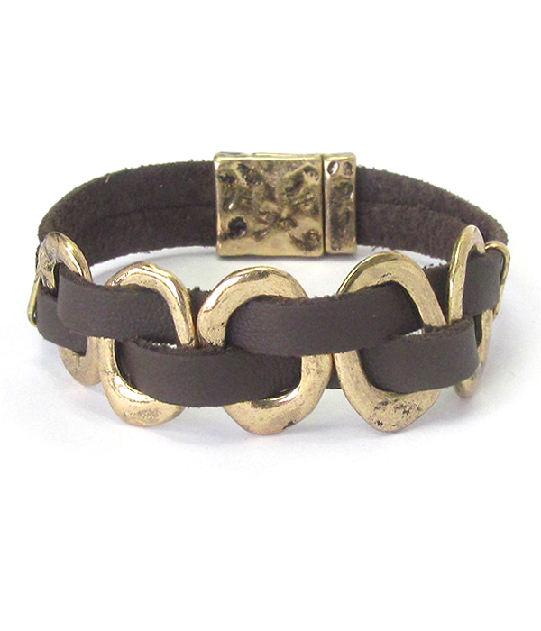 Hammered oval metal link leatherette band magnetic bracelet