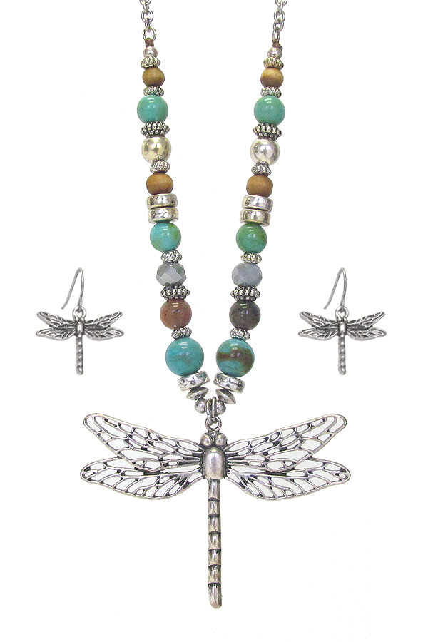 METAL FILIGREE DRAGONFLY PENDANT AND MULTI BEAD CHAIN NECKLACE SET