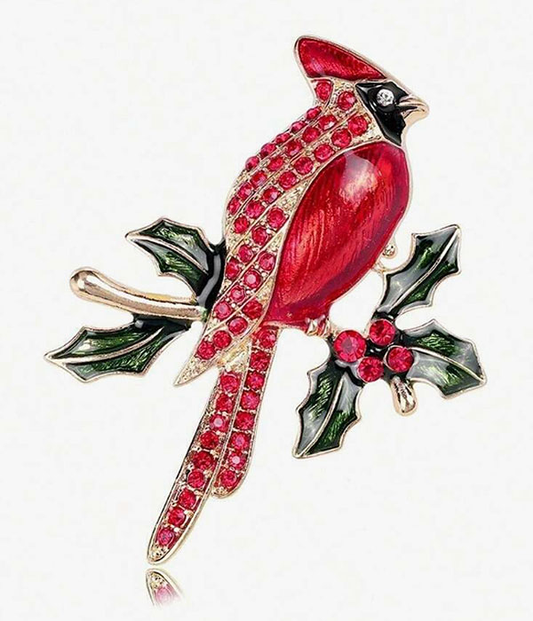 Christmas theme rhinestone and epoxy bird brooch - cardinal