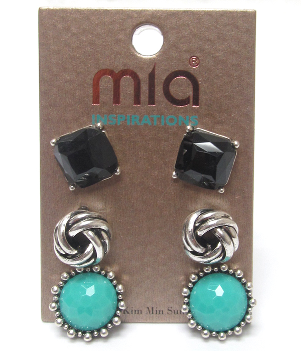 Mixed stone three pair earring set