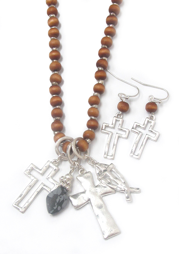 Multi cross pendant wood bead long necklace set
