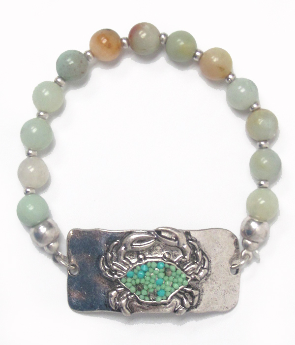Seedbead crab and stone stretch bracelet