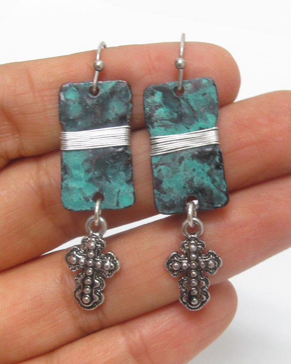 Patina plate and cross drop earring