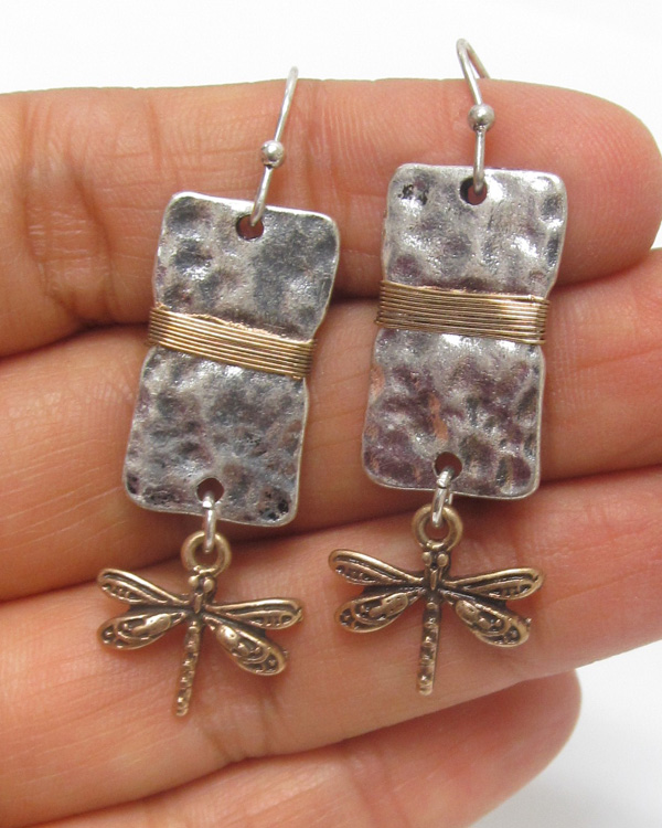 ANTIQUE SILVER PLATE AND DRAGONFLY DROP EARRING