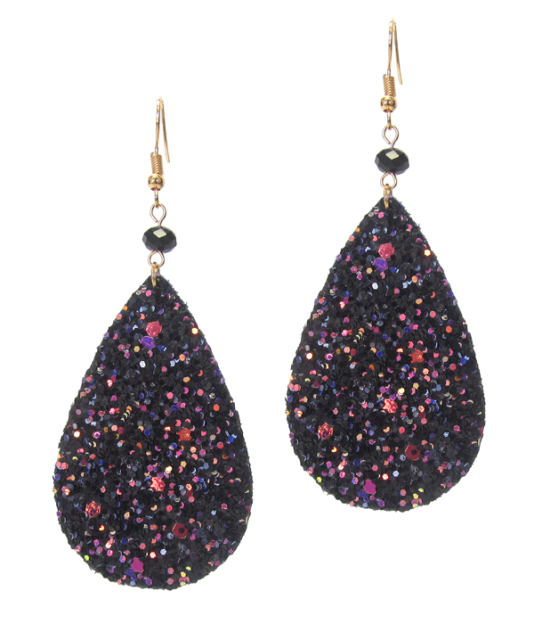 Glittering teardrop leather earring