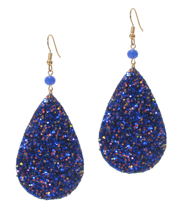 Glittering teardrop leather earring