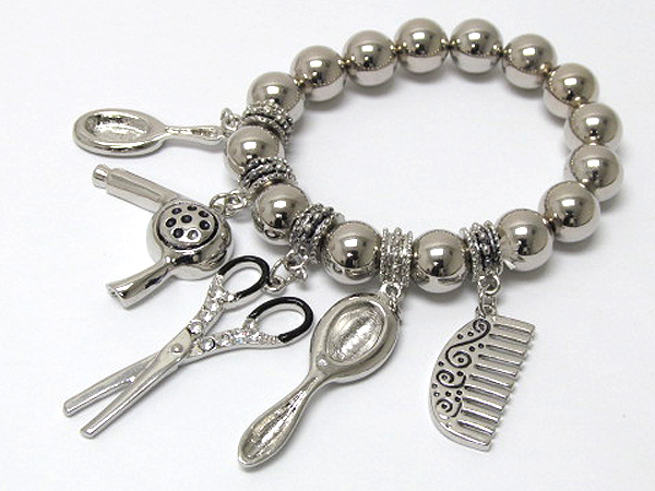 Beauty shop theme dryer brush comb mirror dangle and crystal scissors charm bracelet