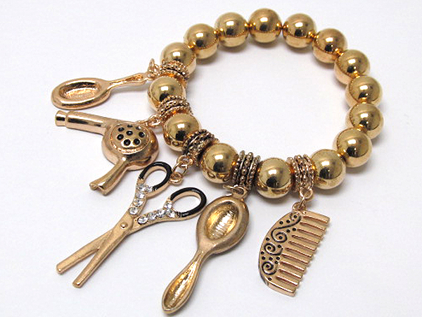 Beauty shop theme dryer brush comb mirror dangle and crystal scissors charm bracelet