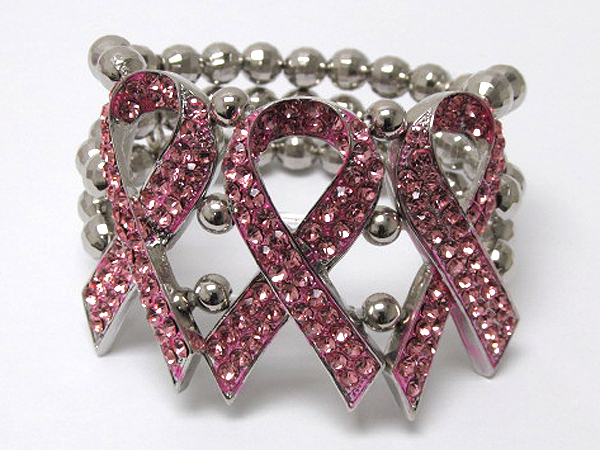 Breast cancer awareness  multi metal balls and three crystal pink ribbon charm stretch bracelet