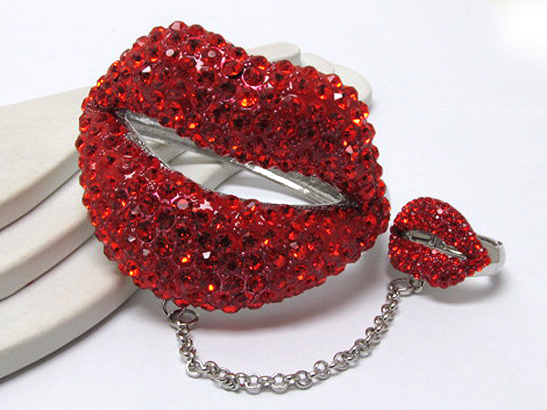 Valentine crystal fashion large lips and chain ring and hinge bangle -valentine