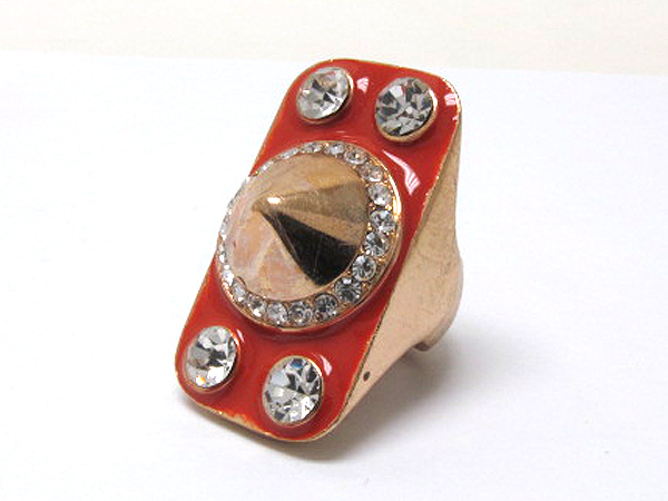 Multi size crystal and epoxy rectangle center spike fashion stretch ring