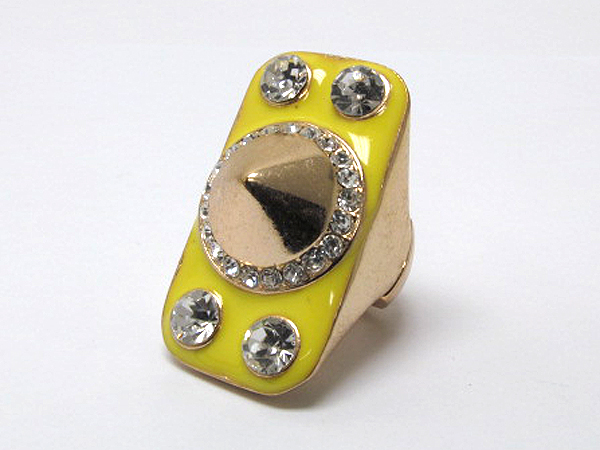 MULTI SIZE CRYSTAL AND EPOXY RECTANGLE CENTER SPIKE FASHION STRETCH RING
