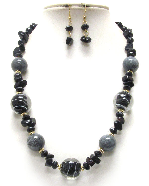 Murano glass ball and chip stone necklace earring set