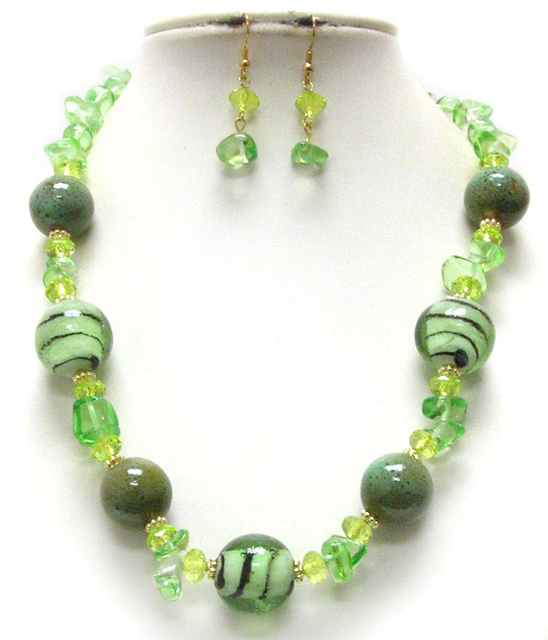 Murano glass ball and chip stone necklace earring set