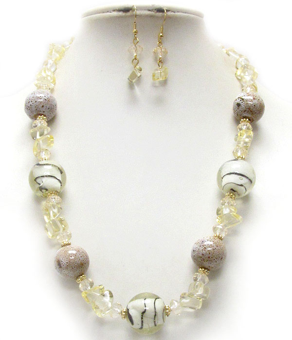 Murano glass ball and chip stone necklace earring set