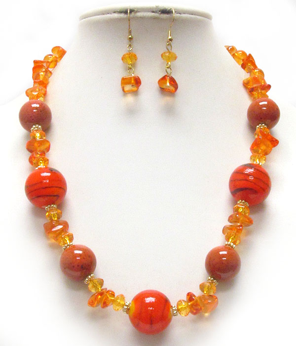Murano glass ball and chip stone necklace earring set