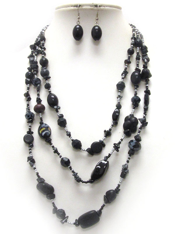 MULTI ACRYLIC AND WOODEN BEAD AND CHIP STONE 3 LAYERED NECKLACE EARRING SET