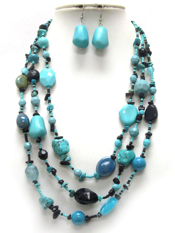 Multi acrylic and wooden bead and chip stone 3 layered necklace earring set