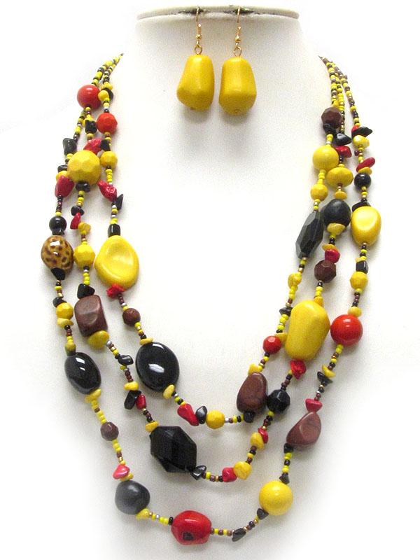 Multi acrylic and wooden bead and chip stone 3 layered necklace earring set