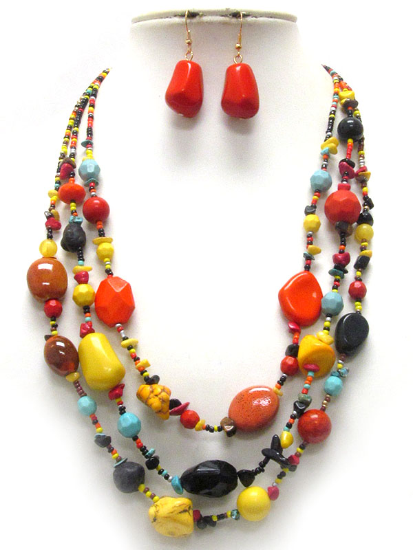 Multi acrylic and wooden bead and chip stone 3 layered necklace earring set