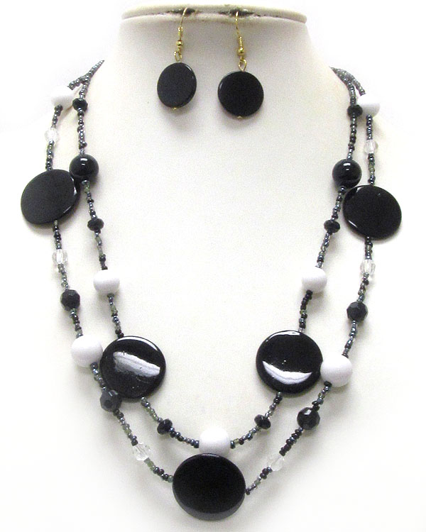 Shell disk and chip stone double layered necklace earring set