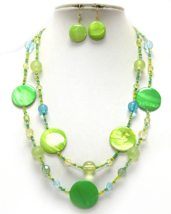 Shell disk and chip stone double layered necklace earring set