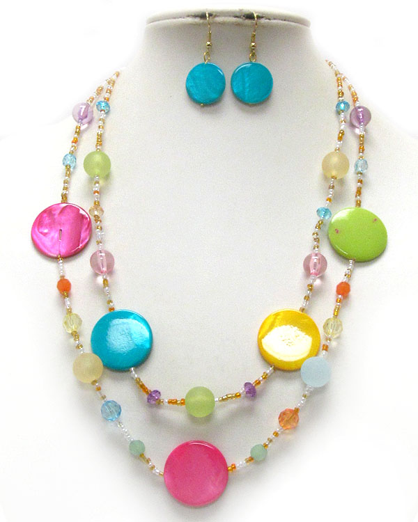 Shell disk and chip stone double layered necklace earring set