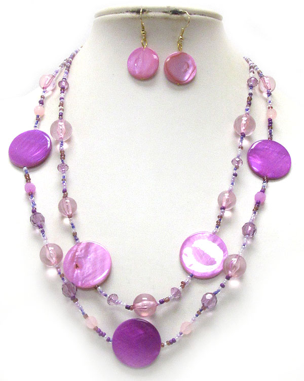 Shell disk and chip stone double layered necklace earring set