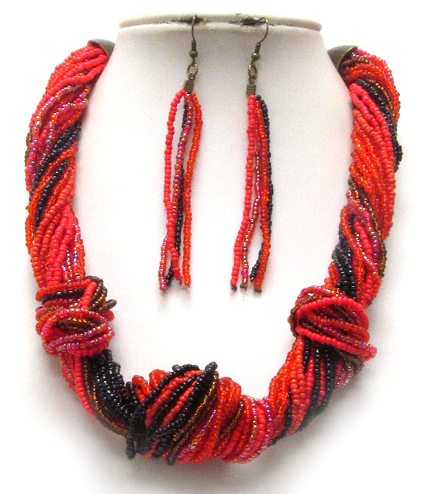 MULTI STRAND SEED BEADS BRAIDED NECKLACE EARRING SET