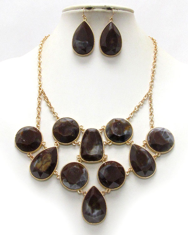 MULTI SHAPE FACET SHELL STONE LINK BIB STYLE NECKLACE EARRING SET