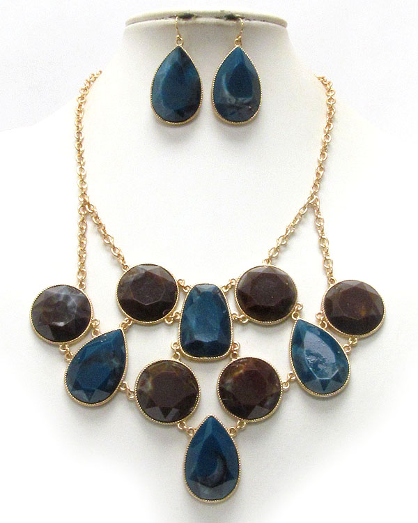 MULTI SHAPE FACET SHELL STONE LINK BIB STYLE NECKLACE EARRING SET