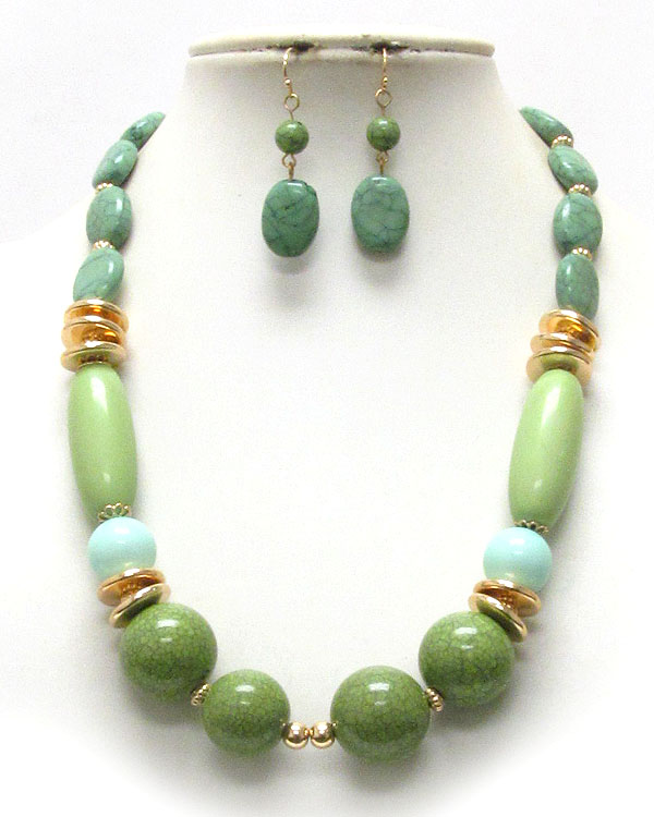 Multi shape and material stone link necklace earring set