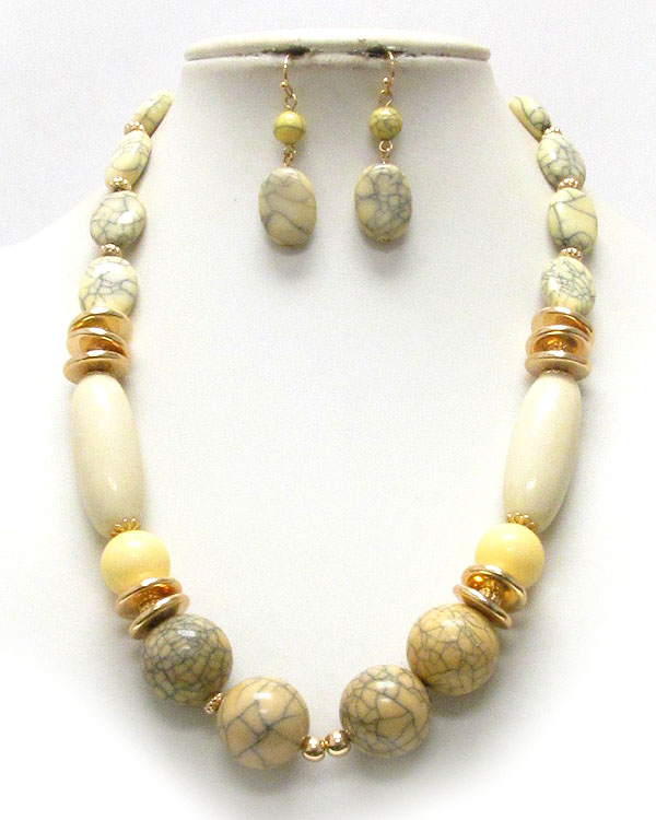 Multi shape and material stone link necklace earring set