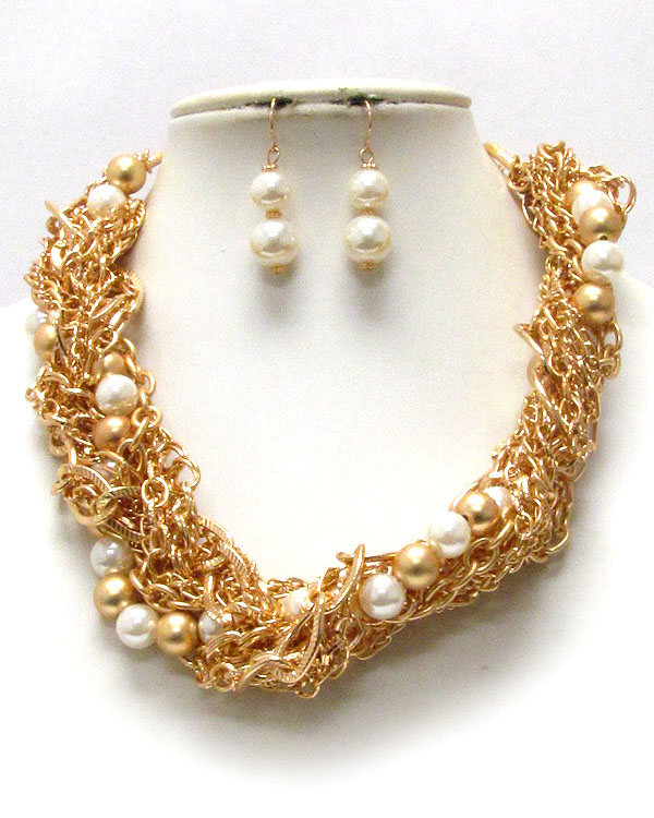 Multi metal and pearl chain mix and twist necklace earring set