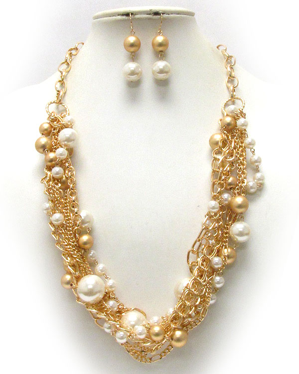 Multi metal chain twist and pearl accent drop necklace earring set