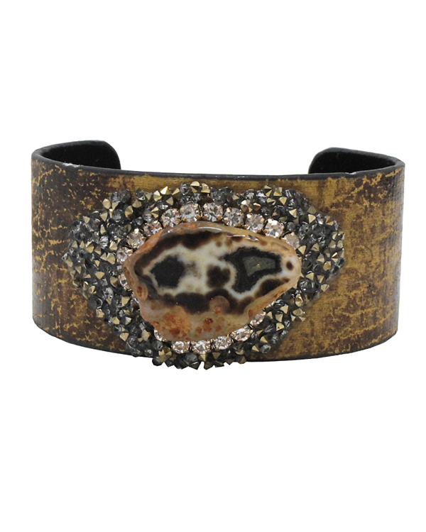 Semi precious stone and multi crystal faux leather wide bangle bracelet