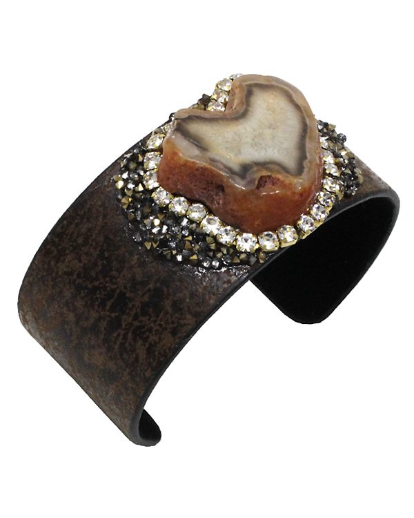 SEMI PRECIOUS STONE AND MULTI CRYSTAL FAUX LEATHER WIDE BANGLE BRACELET