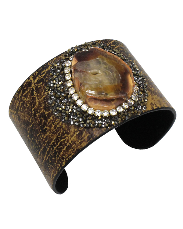 SEMI PRECIOUS STONE AND MULTI CRYSTAL FAUX LEATHER WIDE BANGLE BRACELET