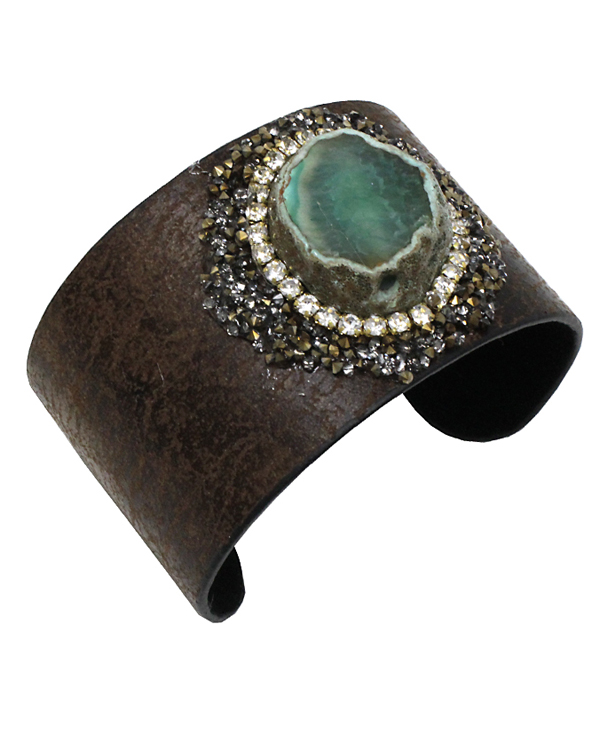 SEMI PRECIOUS STONE AND MULTI CRYSTAL FAUX LEATHER WIDE BANGLE BRACELET