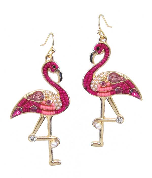 MULT SEEDBEAD AND CRYSTAL MIX TROPICAL BIRD EARRING - FLAMINGO