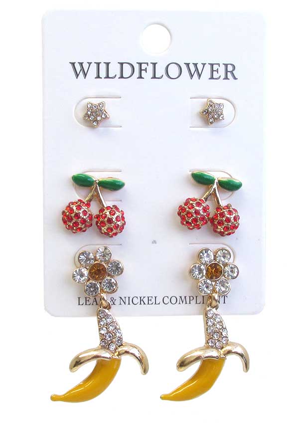 TROPICAL FRUIT 3 PAIR CRYSTAL EARRING SET - CHERRY AND BANANA