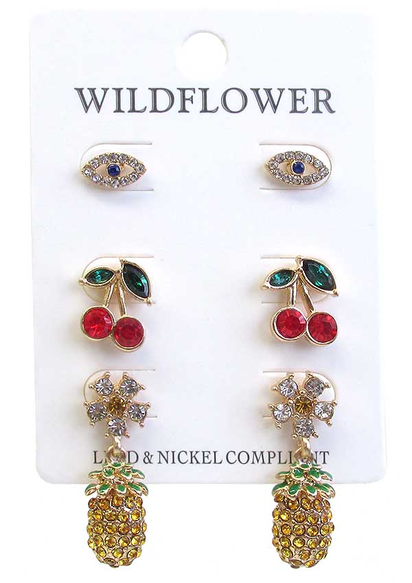 Tropical fruit 3 pair crystal earring set - cherry and pineapple