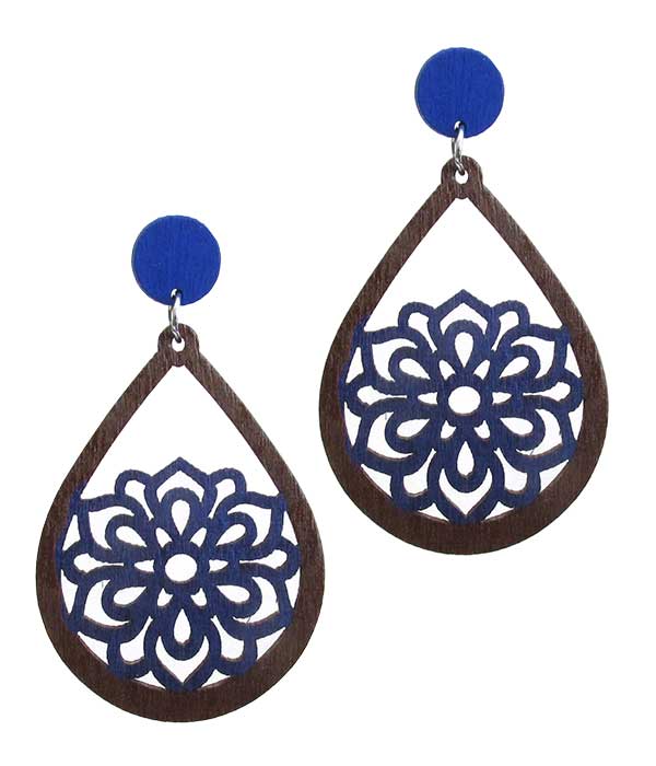 LASER CUT NATURAL WOOD FILIGREE TEARDROP EARRING