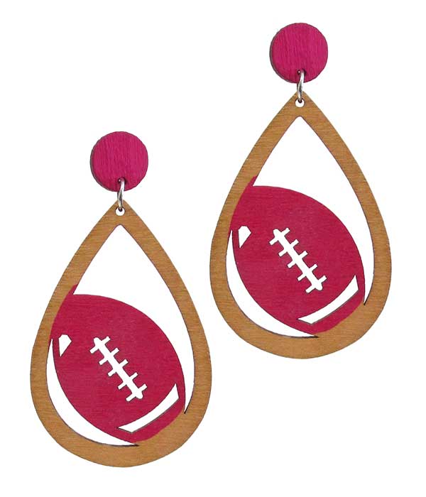 LASER CUT NATURAL WOOD FILIGREE TEARDROP EARRING - FOOTBALL