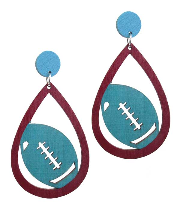 LASER CUT NATURAL WOOD FILIGREE TEARDROP EARRING - FOOTBALL