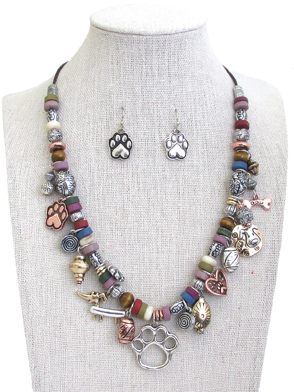 PET LOVERS THEME MULTI CHARM DANGLE AND MIX BEAD CHAIN NECKLACE SET - DOG
