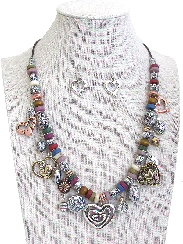 Multi heart charm dangle and mix bead chain necklace set