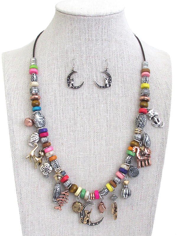 PET LOVERS THEME MULTI CHARM DANGLE AND MIX BEAD CHAIN NECKLACE SET - CAT