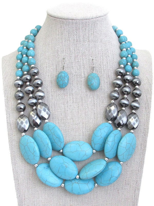 TURQUOISE AND NAVAJO PEARL MIX 3 LAYER CHUNKY NECKLACE SET
